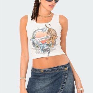 Edikted White Tank Top with Tiger and Rose Graphic